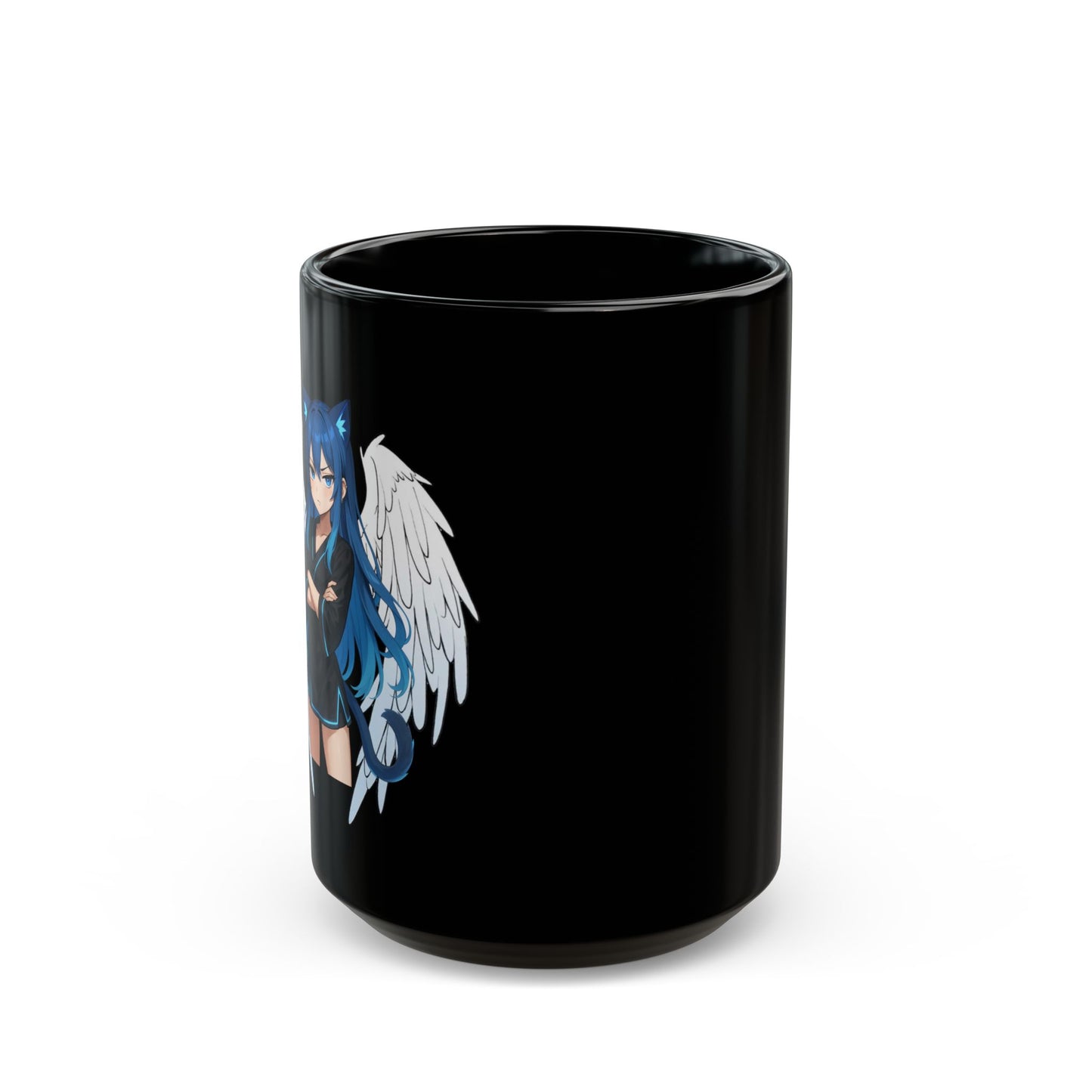 Angel Blue Cat Girl Black Ceramic Mug