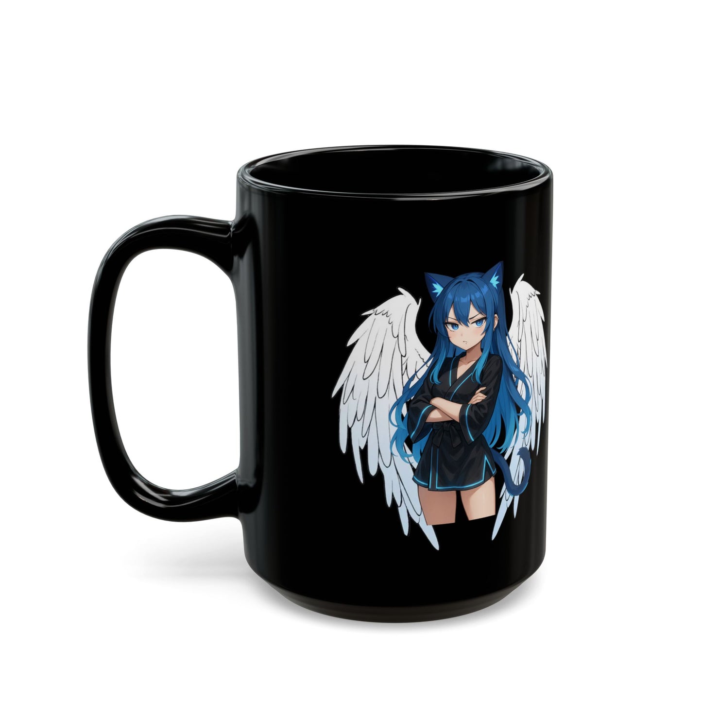 Angel Blue Cat Girl Black Ceramic Mug