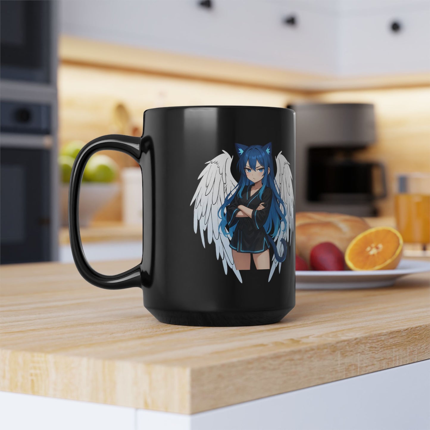 Angel Blue Cat Girl Black Ceramic Mug