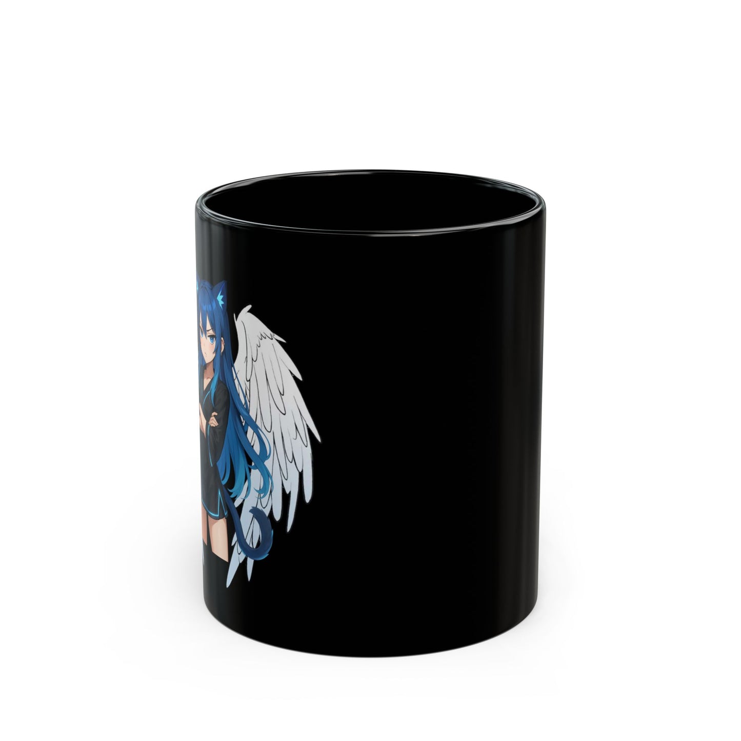 Angel Blue Cat Girl Black Ceramic Mug