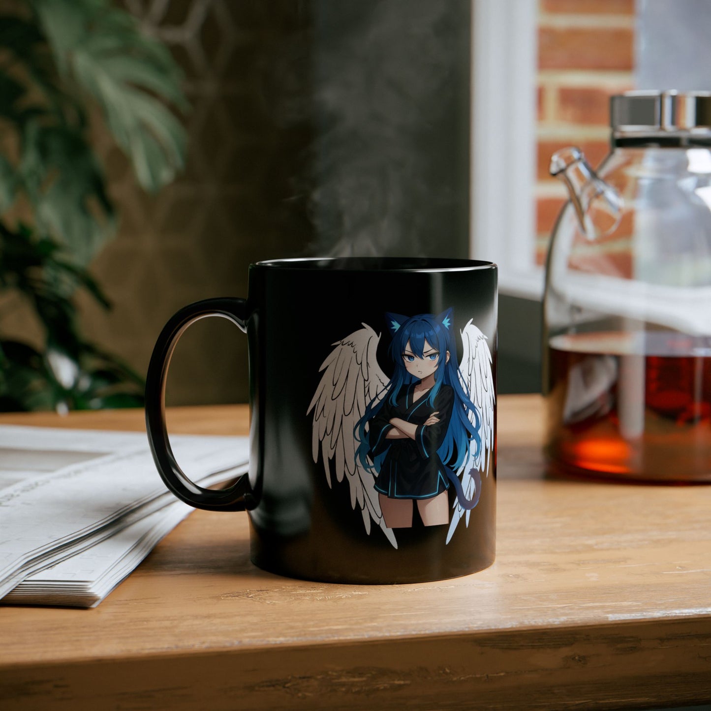 Angel Blue Cat Girl Black Ceramic Mug