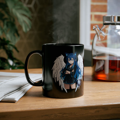 Angel Blue Cat Girl Black Ceramic Mug
