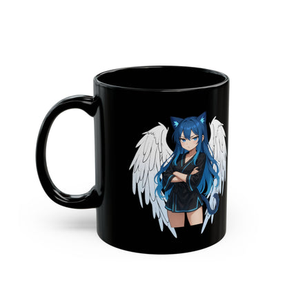 Angel Blue Cat Girl Black Ceramic Mug