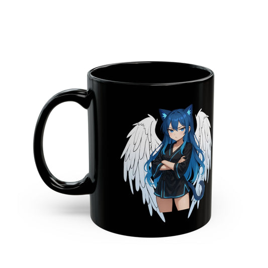 Angel Blue Cat Girl Black Ceramic Mug